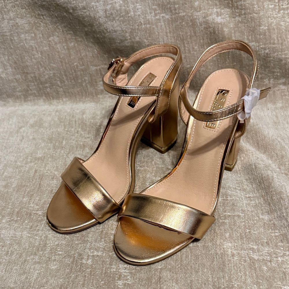 Office London Champagne Gold Block Heel Sandals